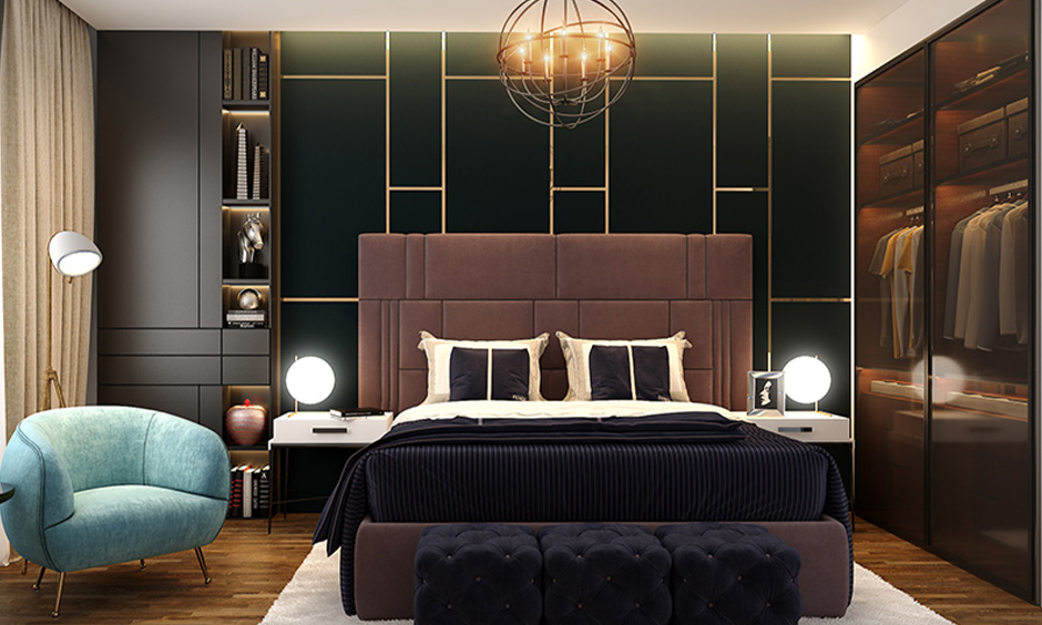 The master bedroom features pendant lights and wall sconces as wall decorations