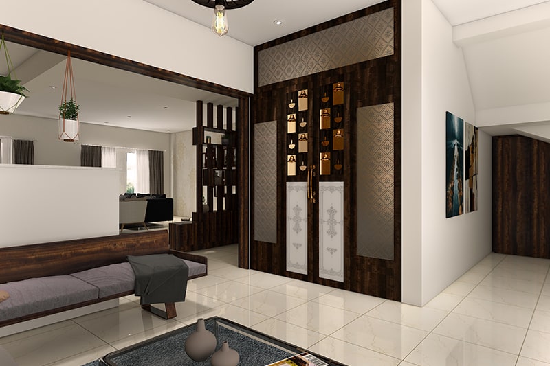 Traditional pooja room designs for indian homes with hanging temple bells and placing photos