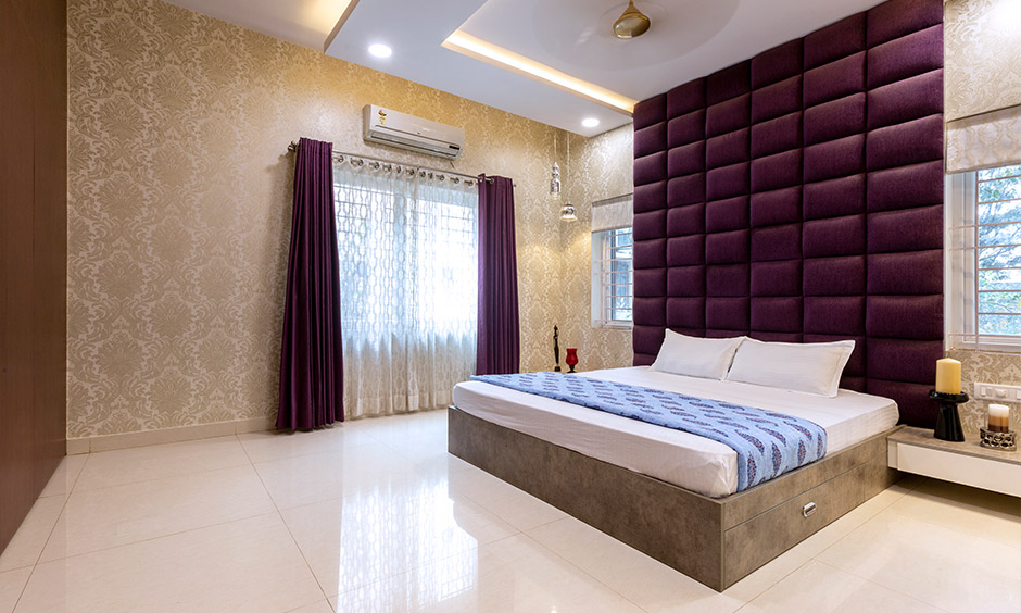 Bedroom wall decor infused extended headboard with an upholstered velvet wall