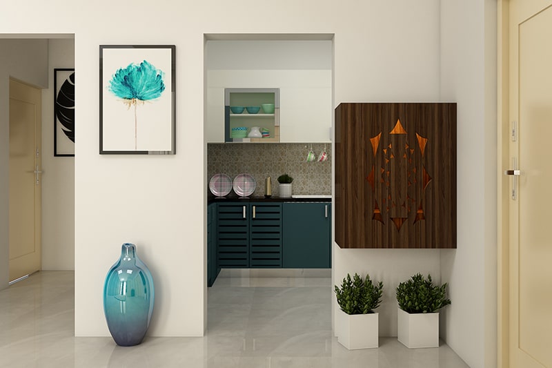 Wall-mounted dark wood pooja unit for small traditional Indian homes.
