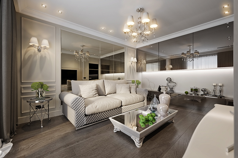 Living room with mirrors on walls gives classy texture