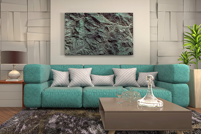 Living room with 3D wall design creating a charming effect