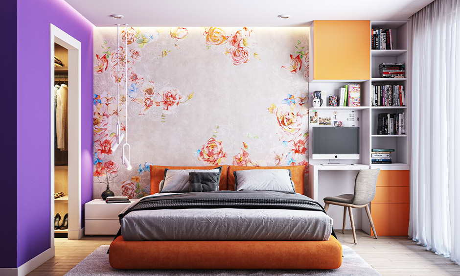 Purple accent colour for room decoration with mild wallpaper and burnt orange furniture