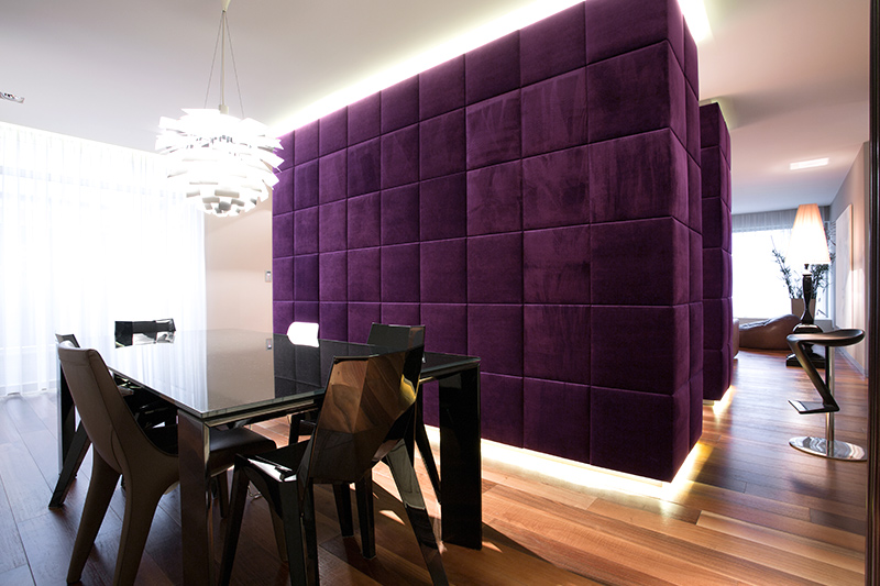 Purple colour room for your home with a rich velvet upholstered room partition of purple living room