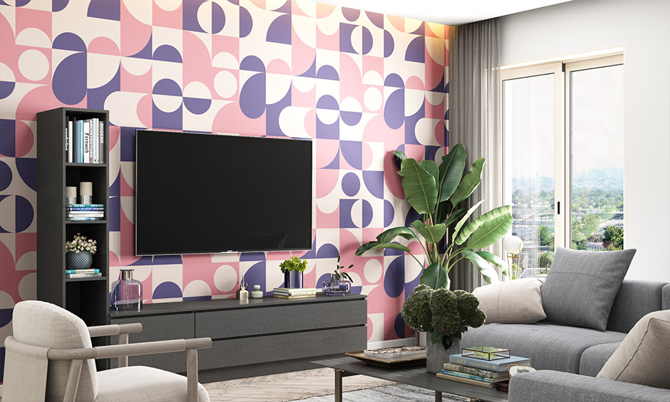 Purple room decor with multicoloured lilac-striped wallpaper brings a breath of air