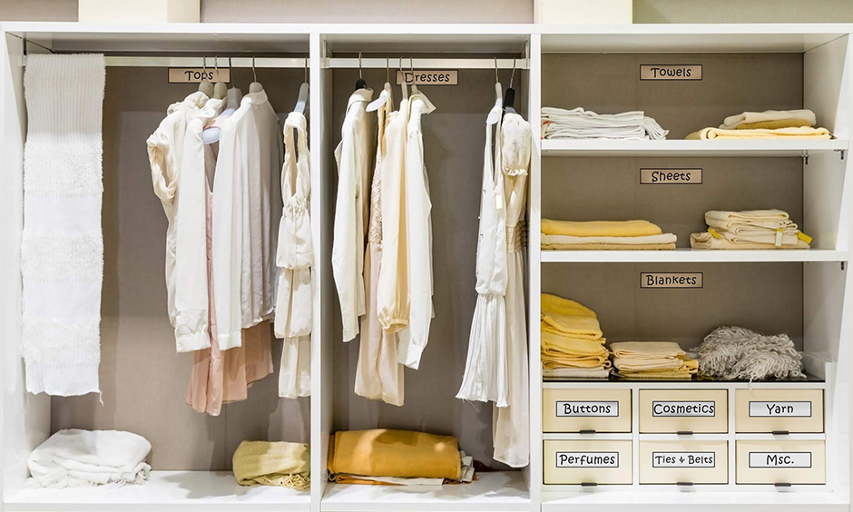 Bedroom closet organisation ideas where you can label items such as drawers, boxes, compartments