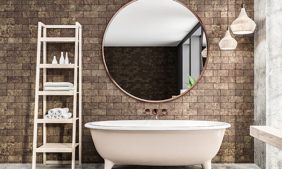 Bathroom shelve in shape of a ladder makes storage convenient