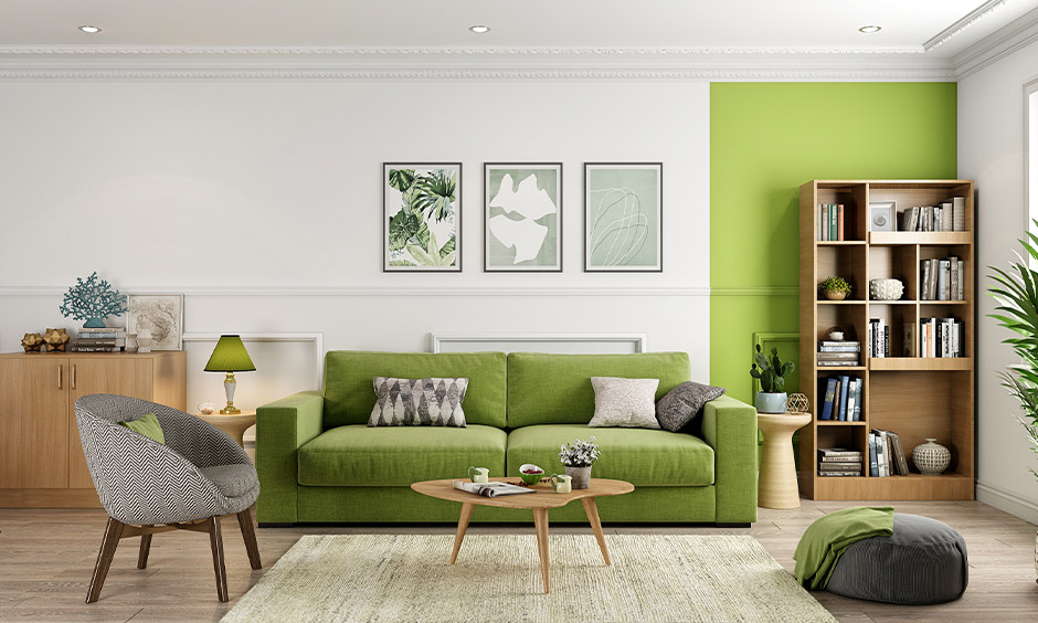 A green sofa in living room
