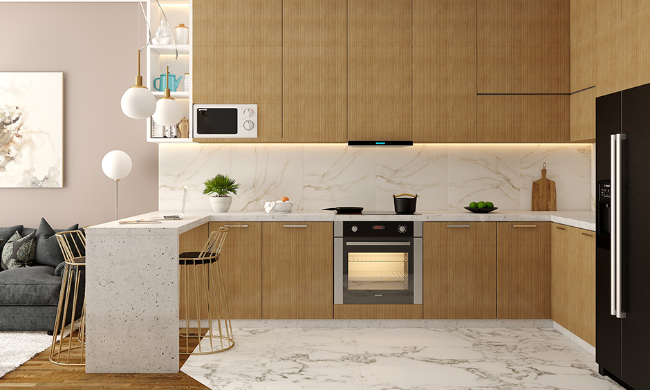 Low cost kitchen base cabinets in a wood laminate finish with open shelf storage
