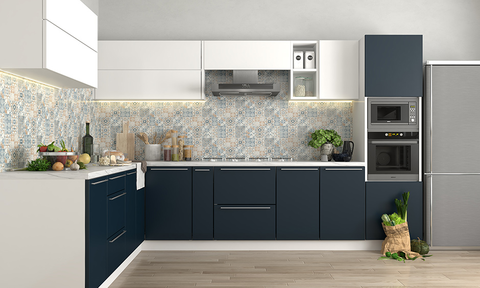 Low cost modular kitchen design with base modules with shelves and plain drawers