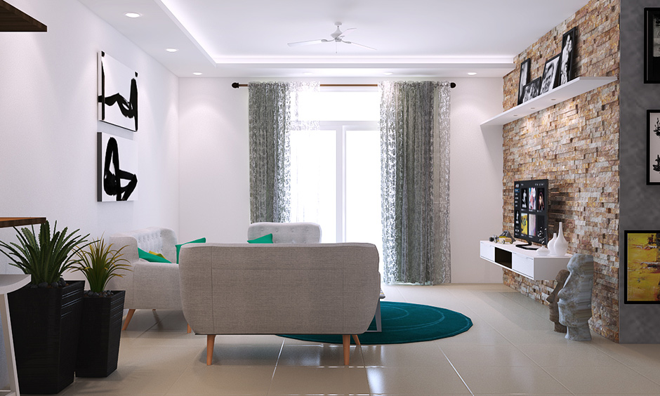 A dare devils decision with white walls living room where abstract art on the wall adds in the chic and edgy quotient