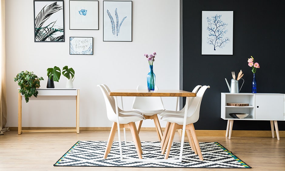 Small dining room decorating ideas with stylish rug and minimal vase