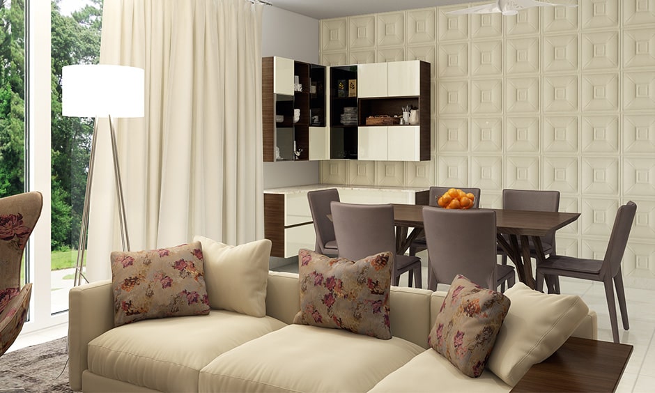 Dining room wall decor with completely upholstered adds luxurious look
