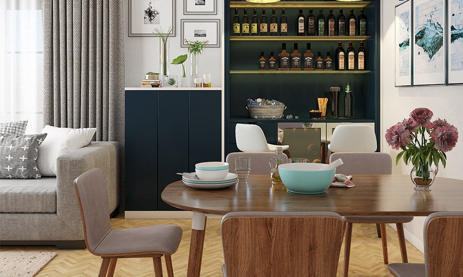 Simple dining room decor for personal bar with lights and collection of single malts