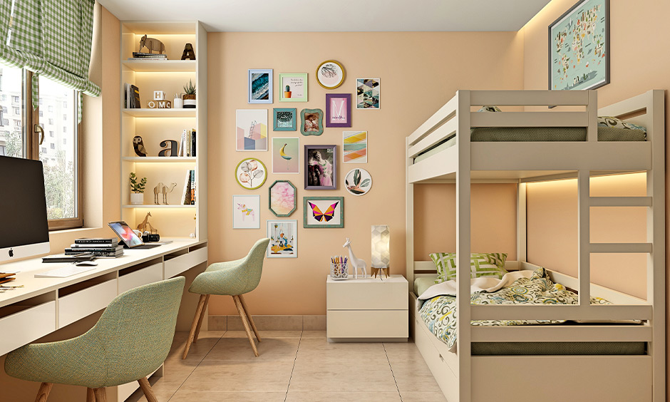 Dorm room wall decor featuring vibrant photo frames