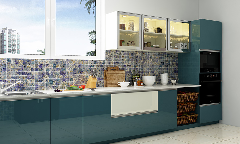 Glossy kitchen and wardrobe designs without handles for the cabinets and racks and funky backsplash looks cool & modern.