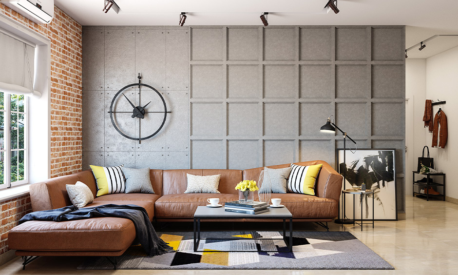 Grey rustic living room featuring textured oak wood furniture for a warm and inviting ambiance