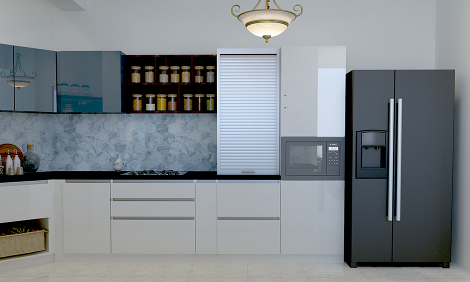 Kitchen wardrobe design with simple white, cool blue, a textured backsplash and the shutter cabinet looks modern.