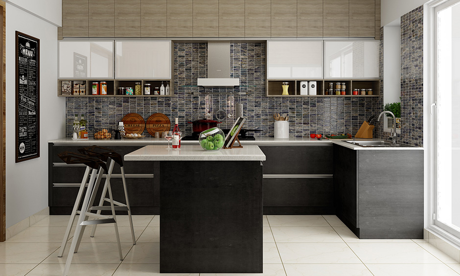 Island kitchen wardrobe design with a monochrome scheme and modular kitchen cabinetry with steel accents.