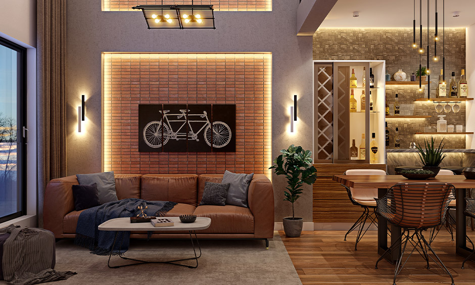 Modern rustic living room crafted from wood and stone