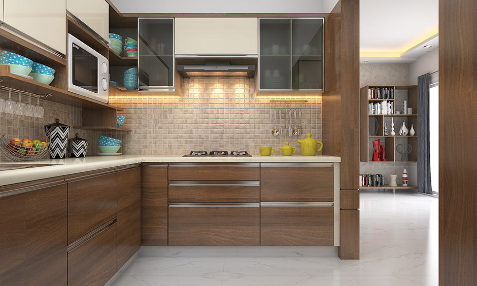 Laminate wooden wardrobe designs for kitchen is a classic and with warm lights to take it up a notch.