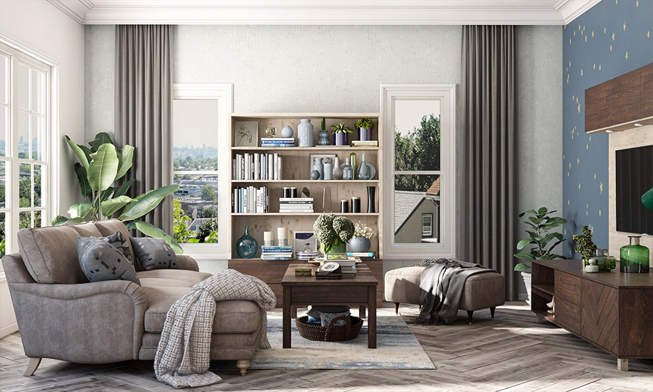 A boho-style rustic living room with plants, textured fabrics, and stylish furniture
