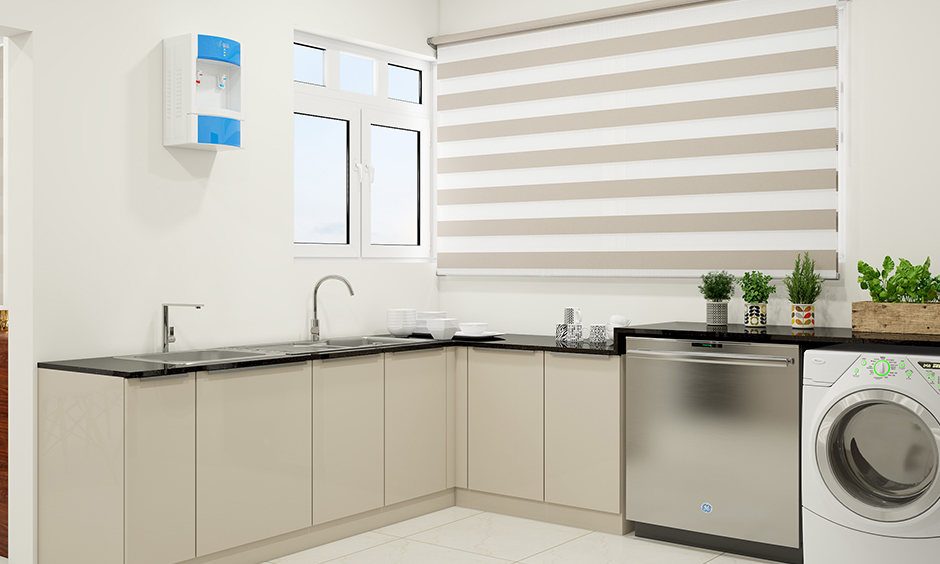Simple kitchen wardrobe design with wall clean for the minimum level of storage & kitchen racks at the bottom.