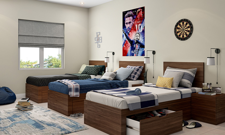 Guys dorm room with wall art featuring football star Neymar