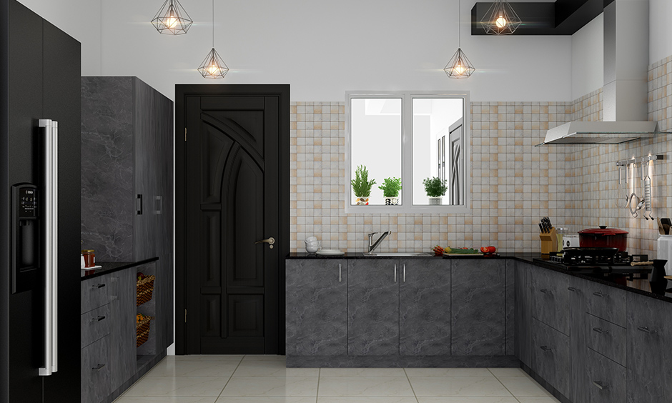 Background chequered tiles whitewashed kitchen wardrobe design with the colour grey is beautiful.