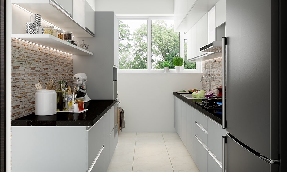 Compact galley kitchen design with stone cladding makes modern look for small galley kitchen