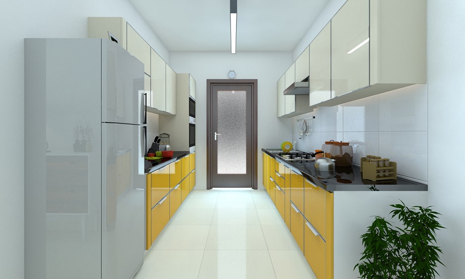Galley kitchen design with lacquered glass in bright shade of yellow