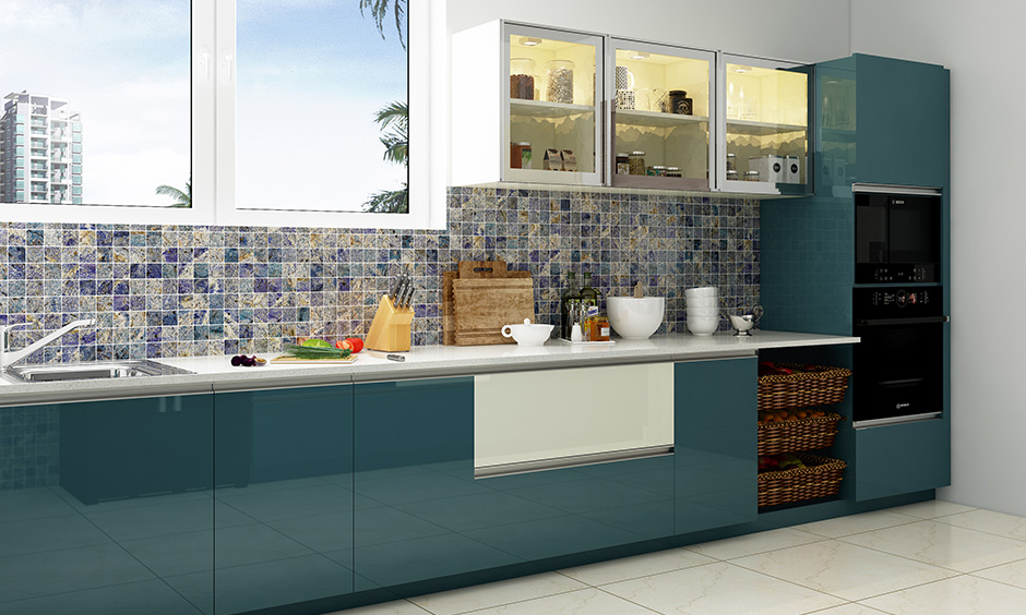 One wall kitchen with a mosaic backsplash, beautiful window for natural light and ventilation look bold.