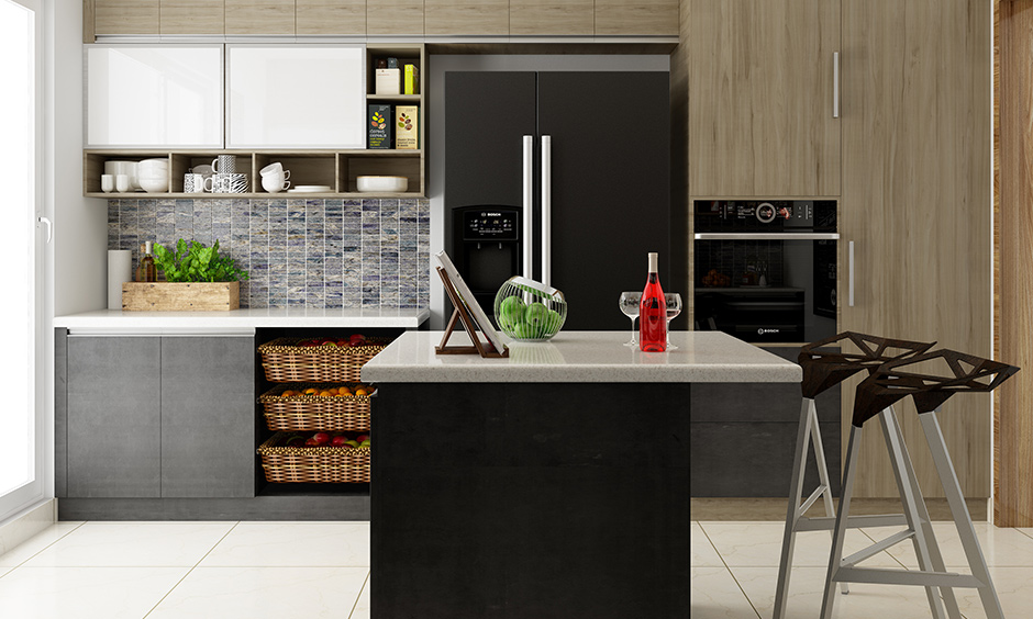 Adore small one wall kitchen with island, tall unit, stone finish backsplash, wicker baskets & overhead cabinets