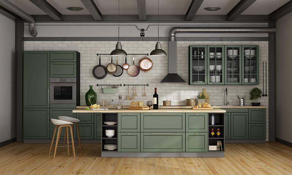 One wall kitchen layout with this olive green toned cabinets against a white brick wall look of the outback.