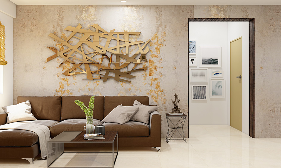 Living room with accent wall 3d art in shades of gold and brown creates a spectacular effect