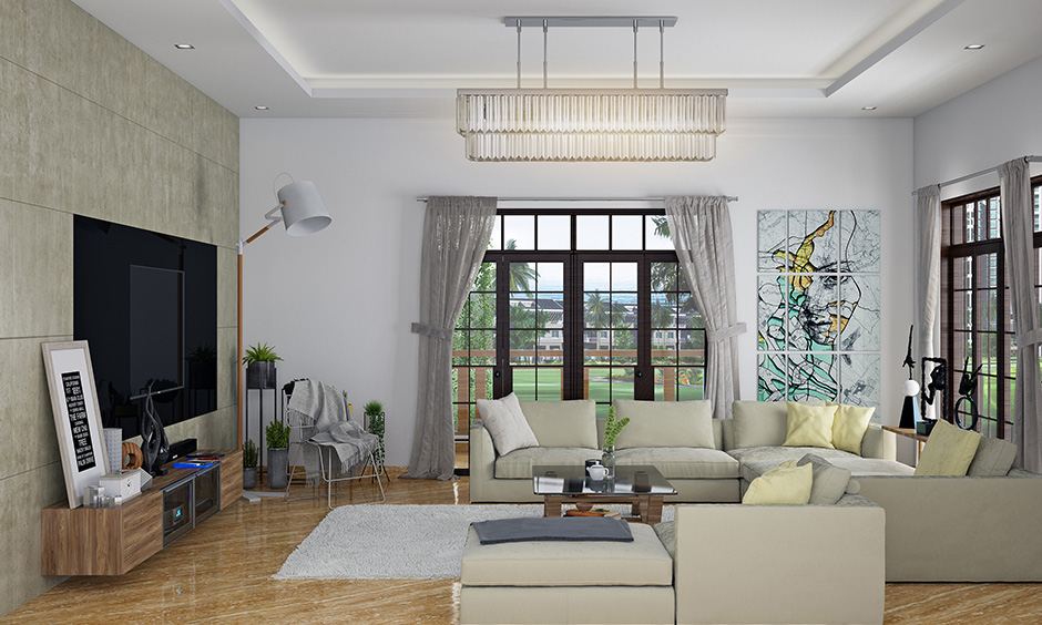 Simple home decor ideas for living room with chandelier-style ceiling