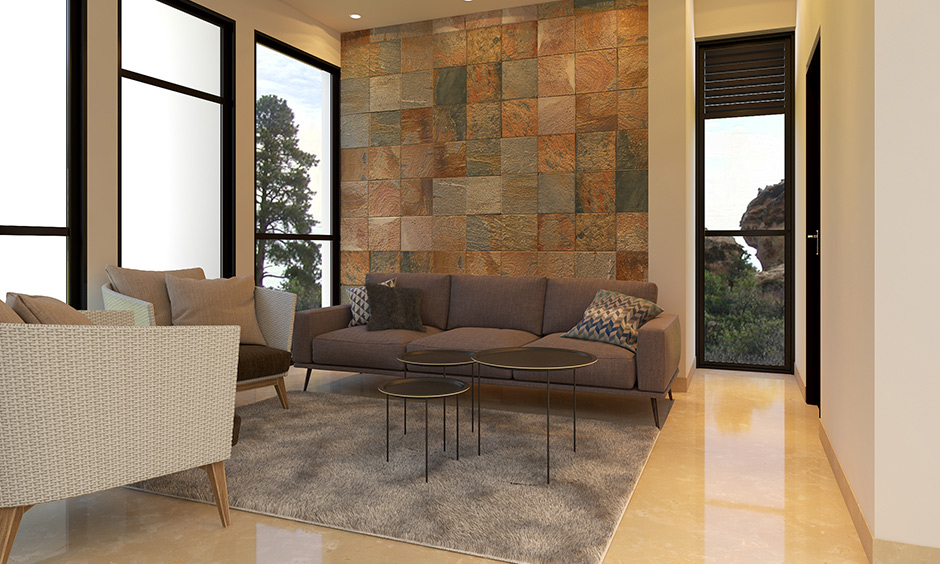 Living room accent wall ideas: Chequered texture wall design perfectly works with the neutral colour