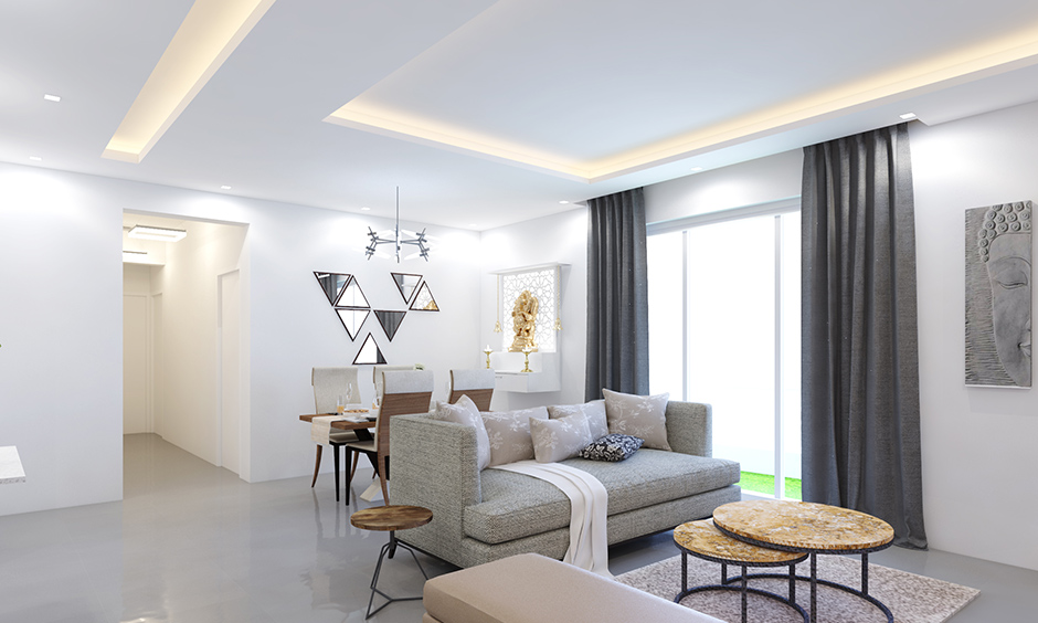 Cove lighting type of false ceiling lighting is sophisticated and understated for living room ceiling lighting ideas.