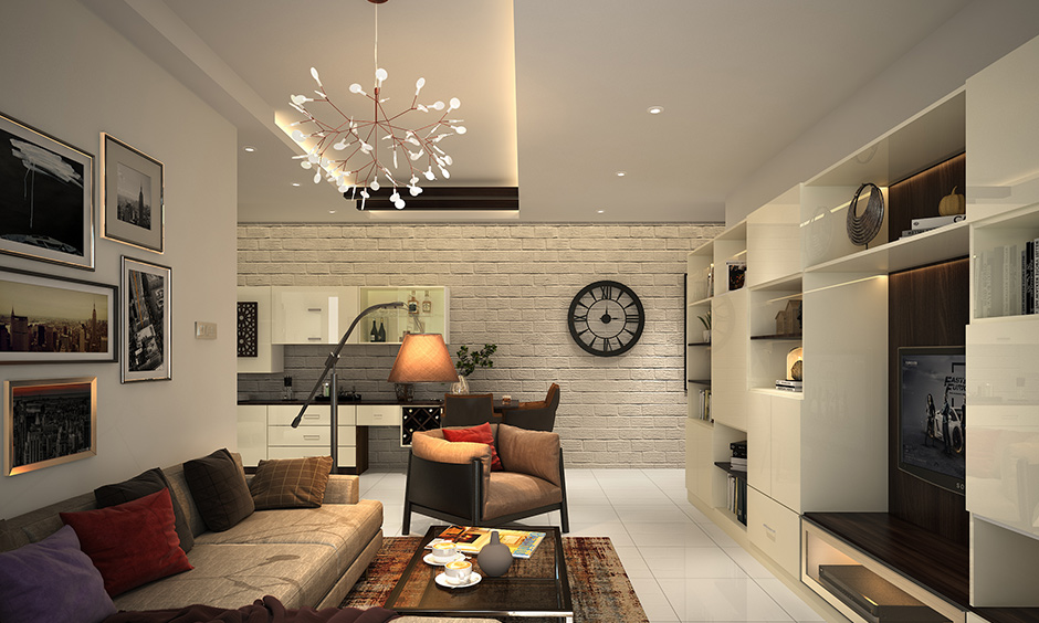 The living room ceiling lights have a recessed and cove lighting decorative element of the interior design.