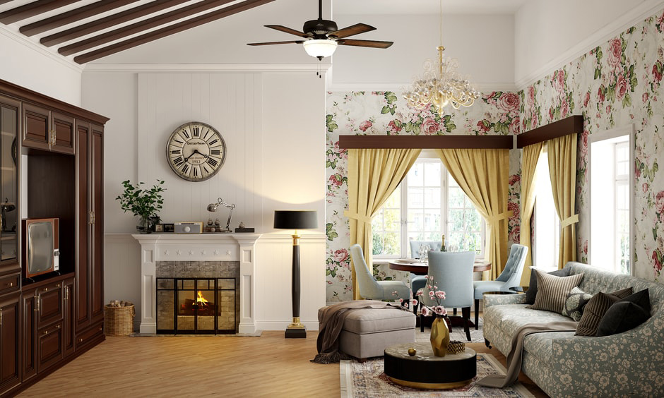 Living room with a floral wallpaper accent wall can create a beautiful backdrop for curtains