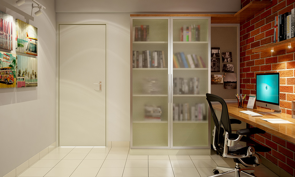 The modern bedroom has a wardrobe with a glass door but no wardrobe colour unique design.