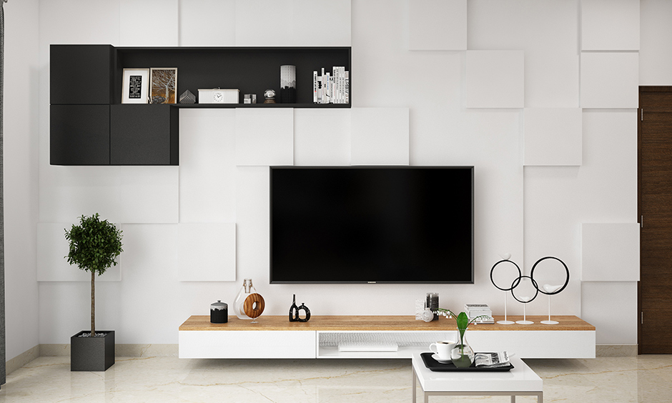 Home decor ideas for living room with white textured 3d wall with inbuilt shelving