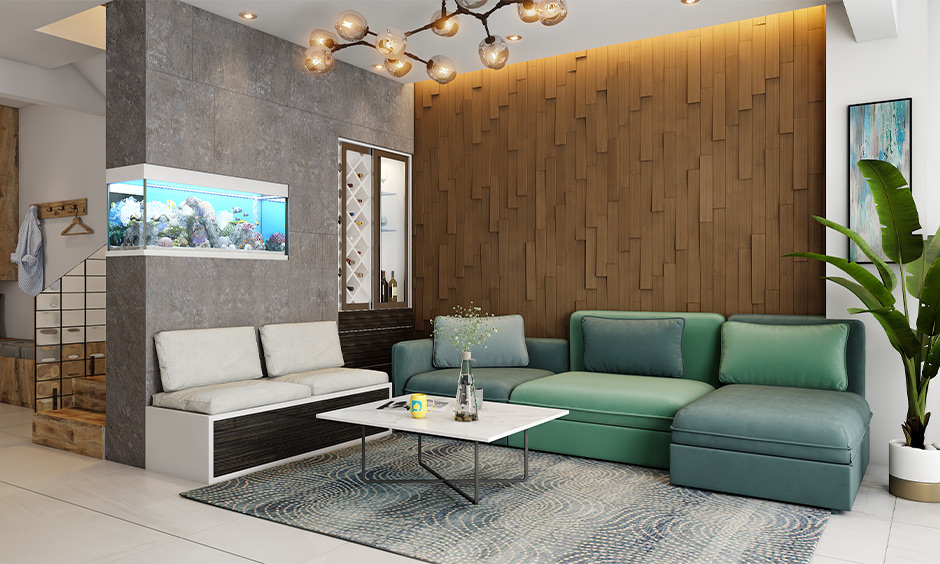 Cushioned back support green coloured l shaped sofa designs for living room accommodates up to five to six people.