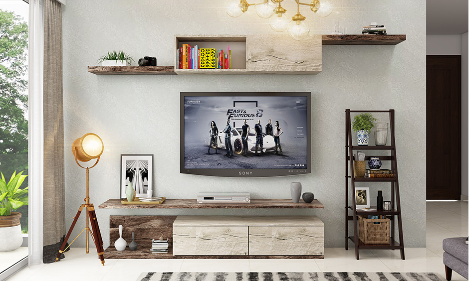 Leaning ladder shelves are small home decor ideas for living room.