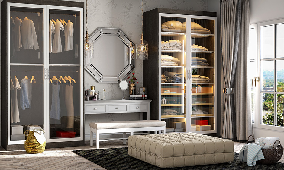 Latest dressing table design with an accent mirror and a twin wardrobe