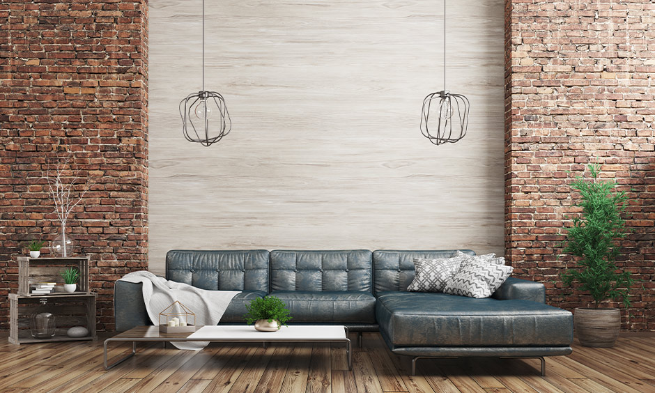 Leather tufted living room l shape sofa design in grey-teal toned is style & comfort.