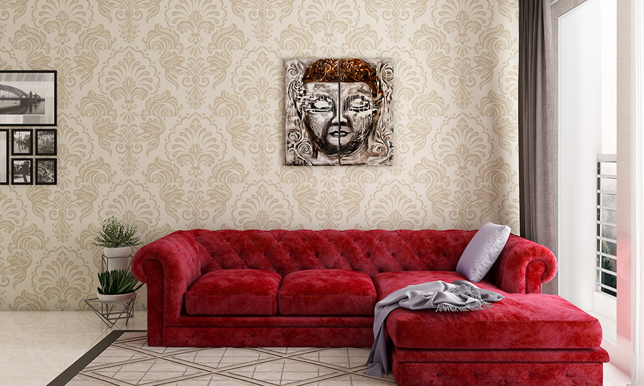 Living room accent wall with patterned wallpaper creates quite a statement wall