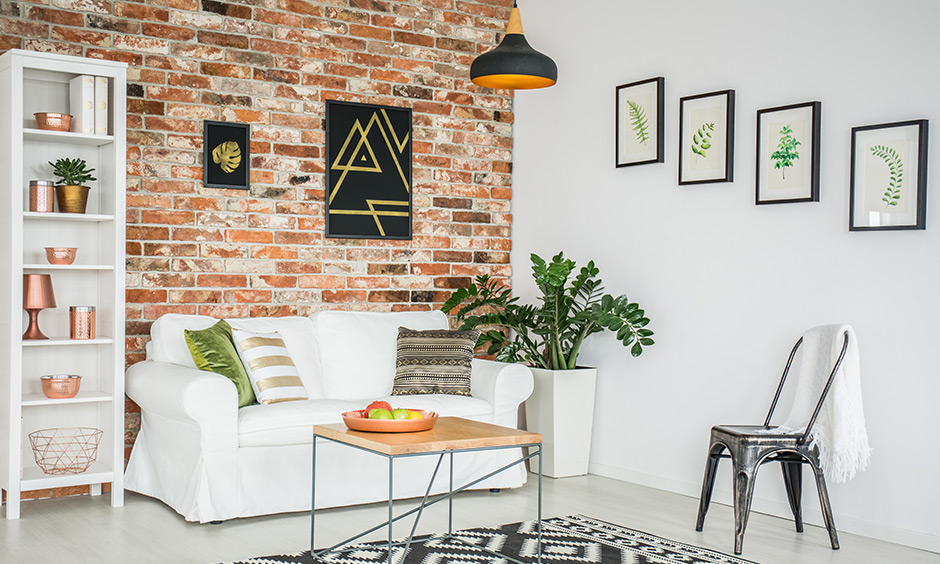 Copper decor in the shelves used to liven up this pretty space is home decor ideas for small living room