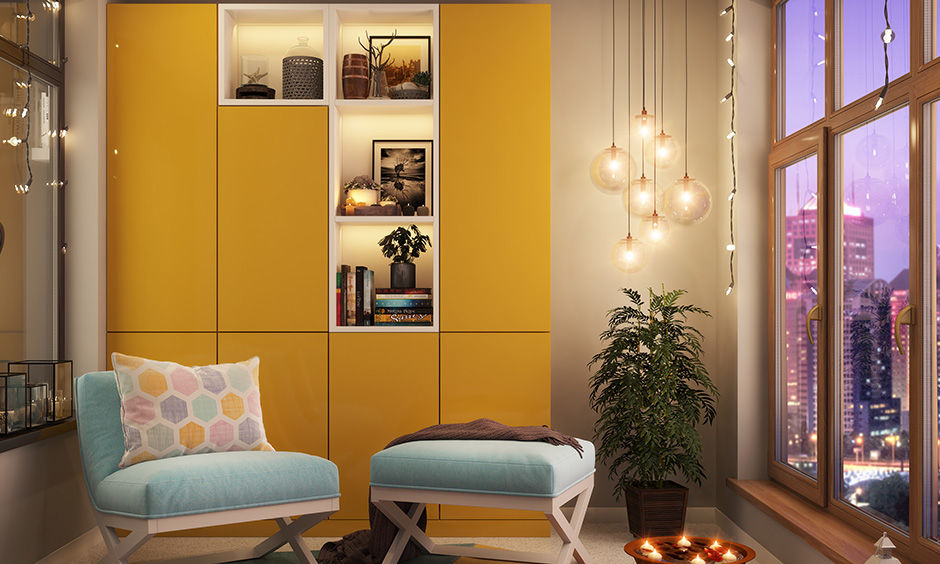 Mustard yellow colour painted cupboard or cabinet that works well for eclectic styles