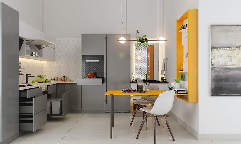 Musturd yellow colour in kitchen built-ins and niches for creating a cosy yet attractive kitchen space